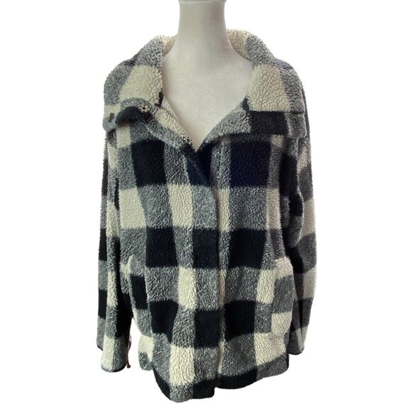 BILLABONG Women Fleece Jacket Sz M Black White Snap Closure Checker Beach 5-37 - Picture 14 of 16